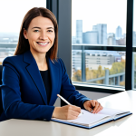 Business Professional in a Modern Office**

"A professional businesswoman in a modest, dark blue business suit, sitting confidently at a clean, modern desk in a bright, spacious office overlooking a cityscape. She is smiling slightly and holding a pen, as if about to write in a notebook. The office features minimalist decor and large windows providing natural light. fully clothed, appropriate attire, safe for work, perfect anatomy, correct proportions, natural pose, well-formed hands, proper finger count, natural body proportions, professional photography, high quality, family-friendly."

**