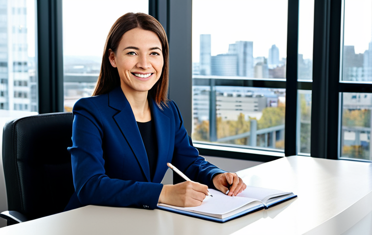 Business Professional in a Modern Office**
"A professional businesswoman in a modest, dark blue business suit, sitting confidently at a clean, modern desk in a bright, spacious office overlooking a cityscape. She is smiling slightly and holding a pen, as if about to write in a notebook. The office features minimalist decor and large windows providing natural light. fully clothed, appropriate attire, safe for work, perfect anatomy, correct proportions, natural pose, well-formed hands, proper finger count, natural body proportions, professional photography, high quality, family-friendly."
**