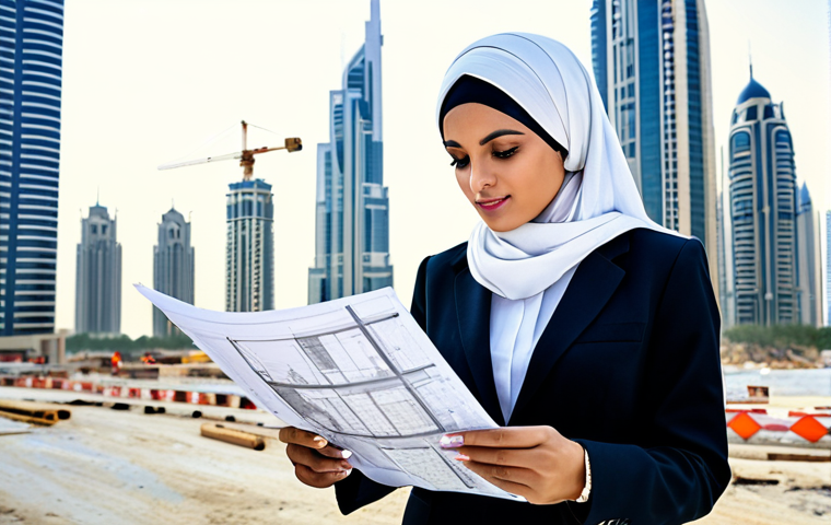 Modern Architect**

"A professional female architect, fully clothed in a modest, stylish hijab and modern business attire, reviewing blueprints on a construction site in Dubai with modern skyscrapers in the background, appropriate content, safe for work, perfect anatomy, natural proportions, professional, high resolution."

**
