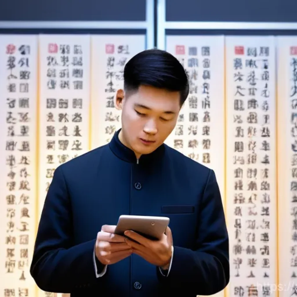 중국어 공부용 추천 앱 - **"Breaking the Character Wall"**: A young adult (20-35 years old), dressed in modern, modest casual...