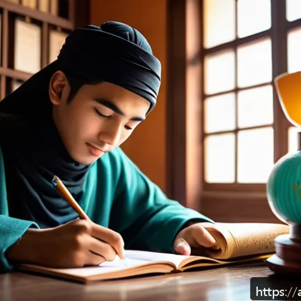 HSK 시험 합격률 분석 - A focused young Middle Eastern student studying Chinese for the HSK exam, sitting at a traditional w...