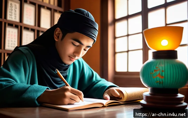 HSK 시험 합격률 분석 - A focused young Middle Eastern student studying Chinese for the HSK exam, sitting at a traditional w...