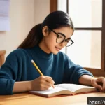 HSK 시험 후 점수 발표 기다리는 법 - A focused young Arabic woman studying Chinese language at a cozy home desk, surrounded by textbooks ...