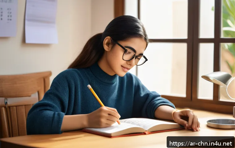 HSK 시험 후 점수 발표 기다리는 법 - A focused young Arabic woman studying Chinese language at a cozy home desk, surrounded by textbooks ...