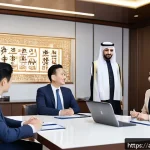 중국어 실무에 필요한 어휘 정리 - A modern Chinese business meeting scene set in a sleek office with a diverse group of Arab professio...