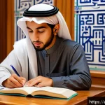 HSK 독해 파트 점수 올리기 - A focused young Arab student sitting at a traditional wooden desk in a quiet, warmly lit study room ...