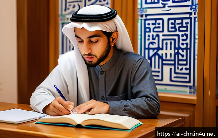HSK 독해 파트 점수 올리기 - A focused young Arab student sitting at a traditional wooden desk in a quiet, warmly lit study room ...