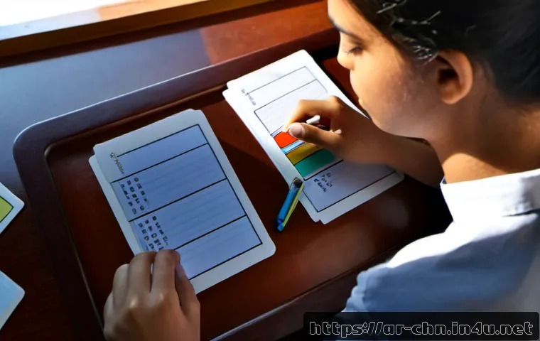 HSK 준비를 위한 단어 암기 꿀팁 - Photorealistic overhead view of an Arab university student at a tidy sunlit desk, arranging colorful...