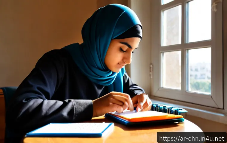 HSK 고득점 목표 설정 방법 - Photorealistic Arab university student in modest casual clothing seated at a tidy sunlit study desk,...